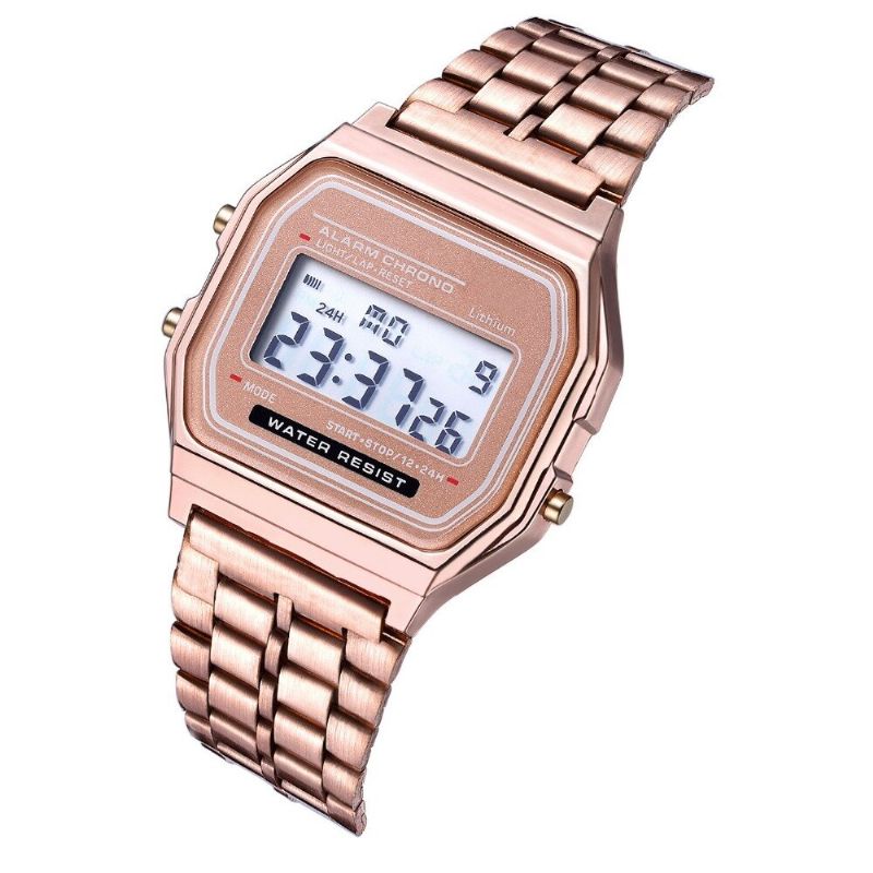 Mode Casual 12/24-timmars Led-skärm Nedräkning Stoppur Stålrem Vattentät Dam Digital Watch