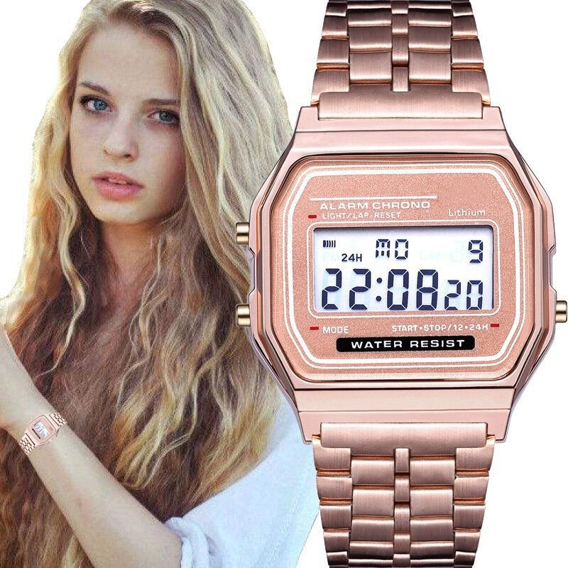 Mode Casual 12/24-timmars Led-skärm Nedräkning Stoppur Stålrem Vattentät Dam Digital Watch