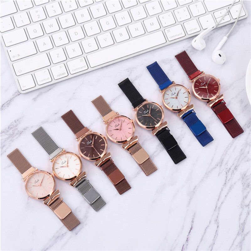 Mode Casual Elegant Design Dam Klockor Legering Mesh Band Urtavla Handledsfodral Quartz Watch