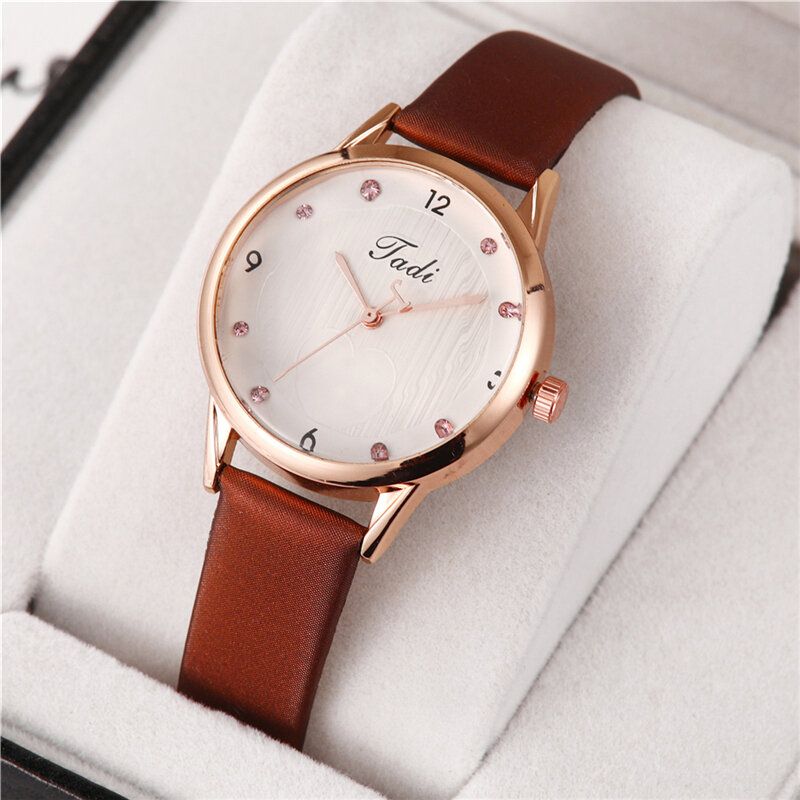 Mode Casual Elegant Sport Kvinnor Klockor Läderband Urtavla Rose Gold Handled Legering Fodral Quartz Watch