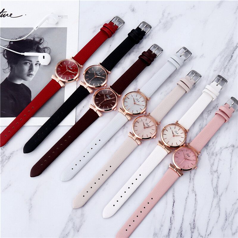 Mode Casual Eleganta Kvinnor Klockor Läderband Urtavla Rose Gold Handled Legering Fodral Quartz Watch