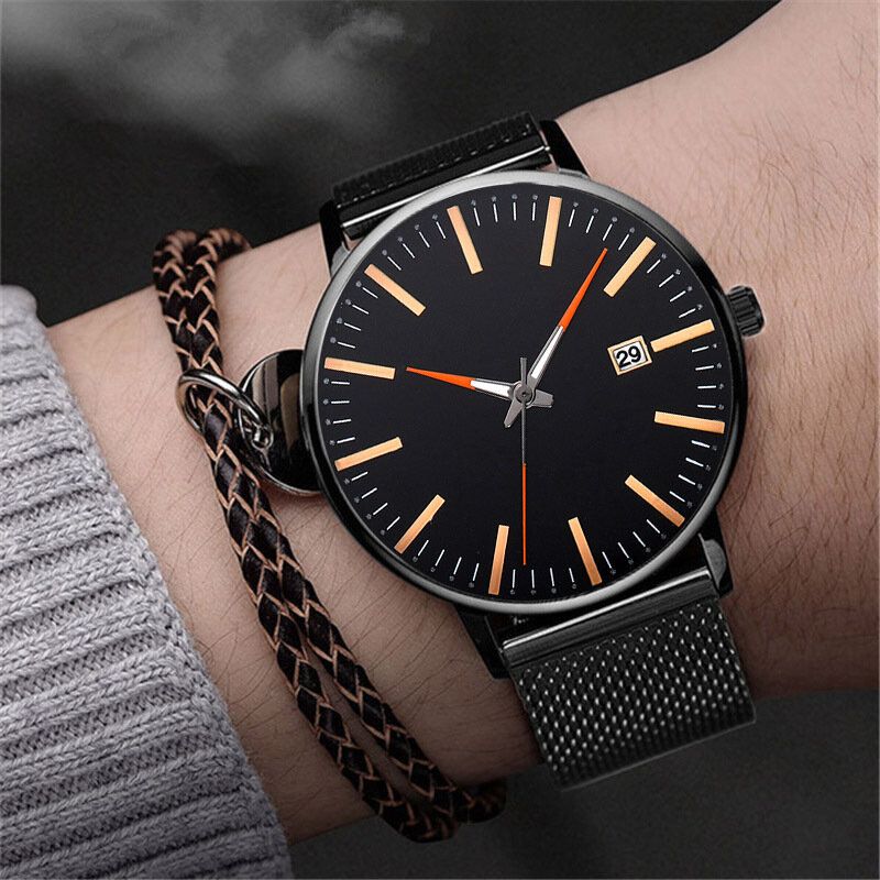 Mode Casual Herr Business Watch Dekorerad Legering Armband Pointer Calendar Quartz Watch