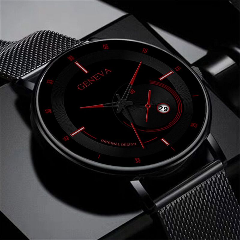 Mode Casual Legering Stål Business Casual Mesh Bälte Kalender Man Quartz Watch