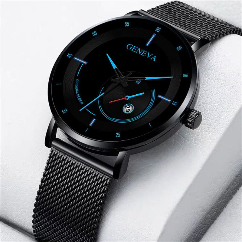 Mode Casual Legering Stål Business Casual Mesh Bälte Kalender Man Quartz Watch