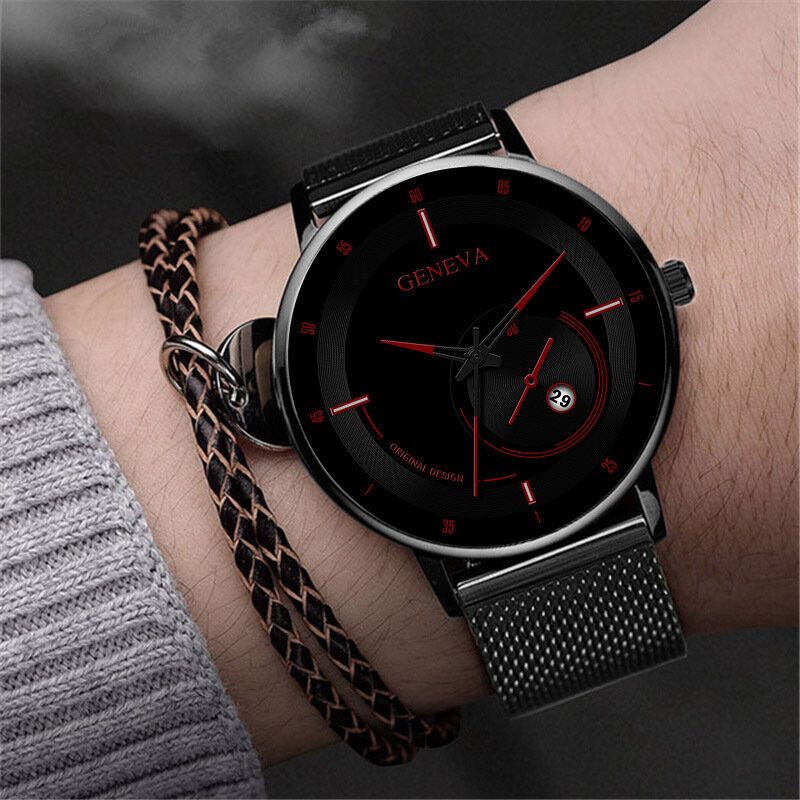 Mode Casual Legering Stål Business Casual Mesh Bälte Kalender Man Quartz Watch