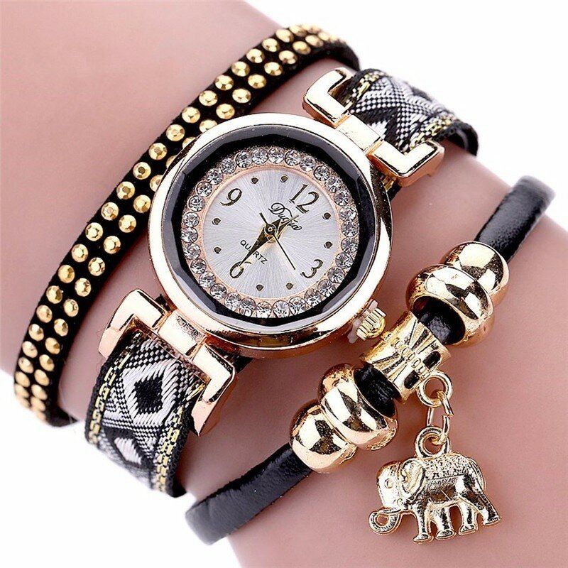 Mode Casual Nit Diamond Elephant Pendant Dam Quartz Watch