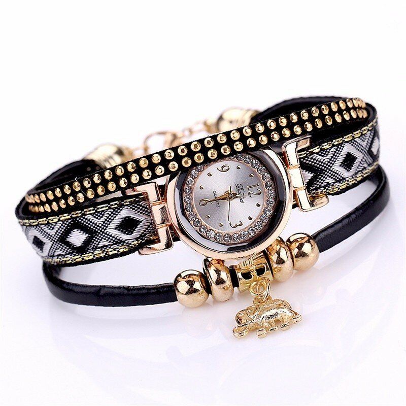 Mode Casual Nit Diamond Elephant Pendant Dam Quartz Watch