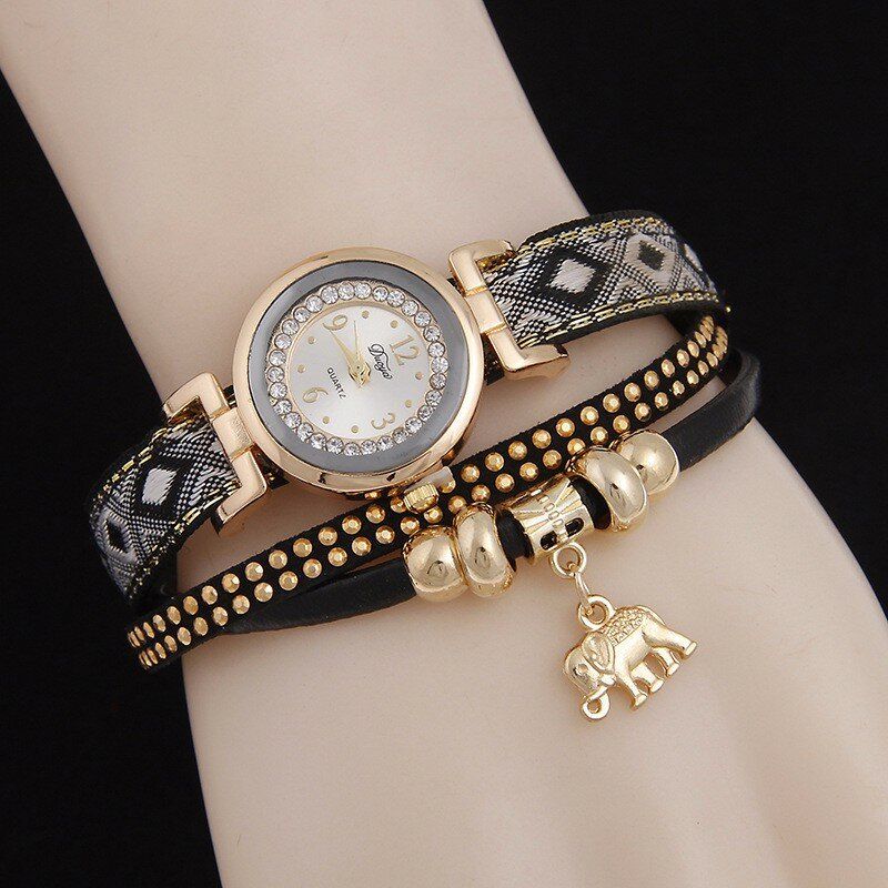 Mode Casual Nit Diamond Elephant Pendant Dam Quartz Watch