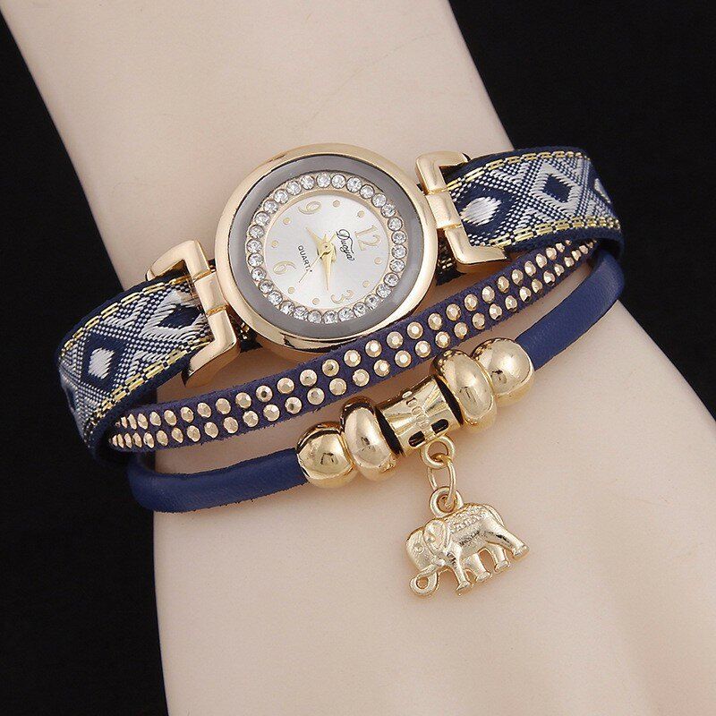 Mode Casual Nit Diamond Elephant Pendant Dam Quartz Watch