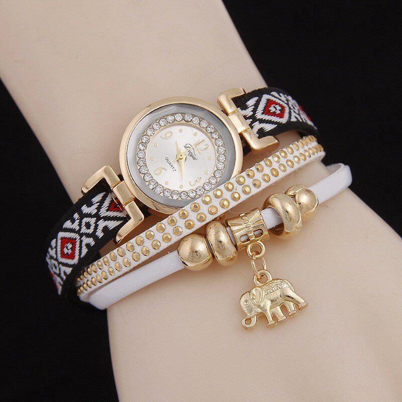 Mode Casual Nit Diamond Elephant Pendant Dam Quartz Watch