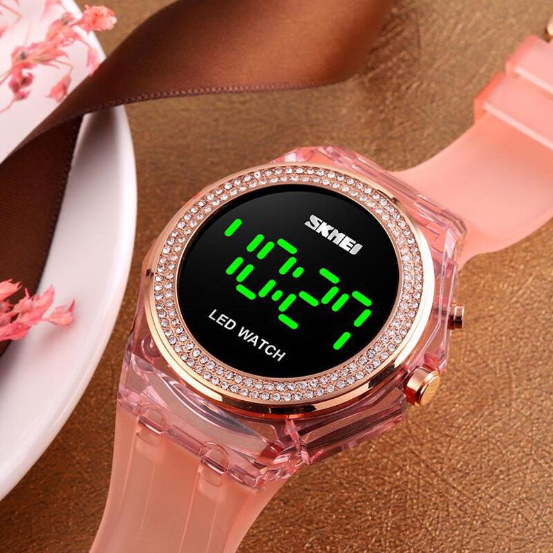 Mode Damklocka Diamanturtavla Transparent Pu-rem Lysande Display Lady Digital Watch