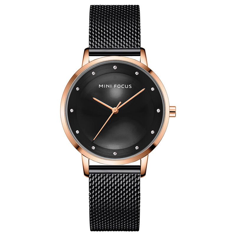 Mode Damklocka Diamanturtavla Vattentät Rostfritt Stål Mesh Bältesrem Enkel Lady Quartz Watch