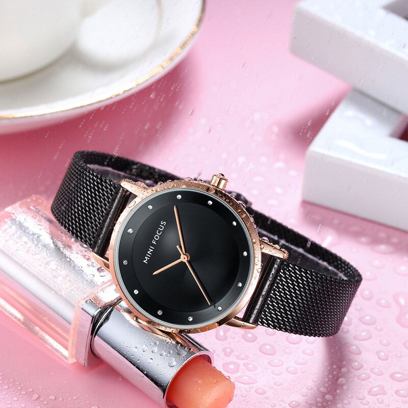 Mode Damklocka Diamanturtavla Vattentät Rostfritt Stål Mesh Bältesrem Enkel Lady Quartz Watch