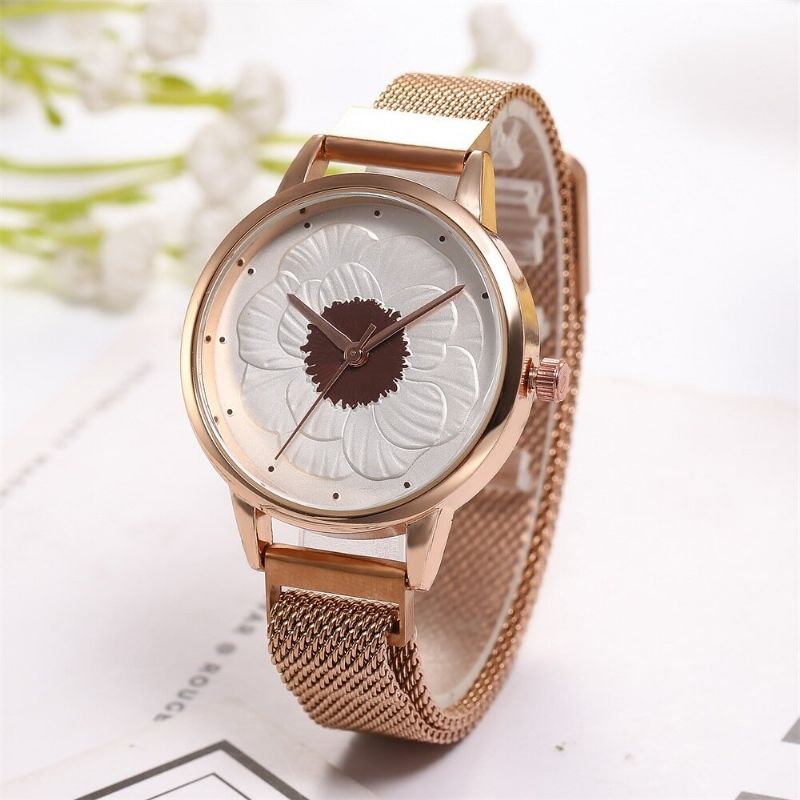 Mode Elegant 3d Blommönster Magnetisk Spänne Milanese Mesh Stål Armband Dam Armbandsur Quartz Watch