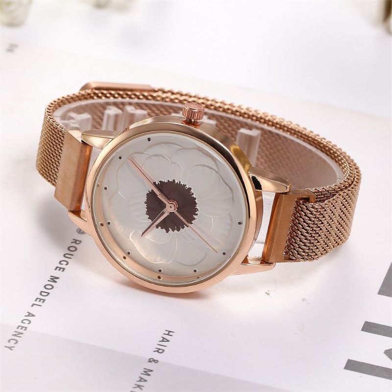 Mode Elegant 3d Blommönster Magnetisk Spänne Milanese Mesh Stål Armband Dam Armbandsur Quartz Watch