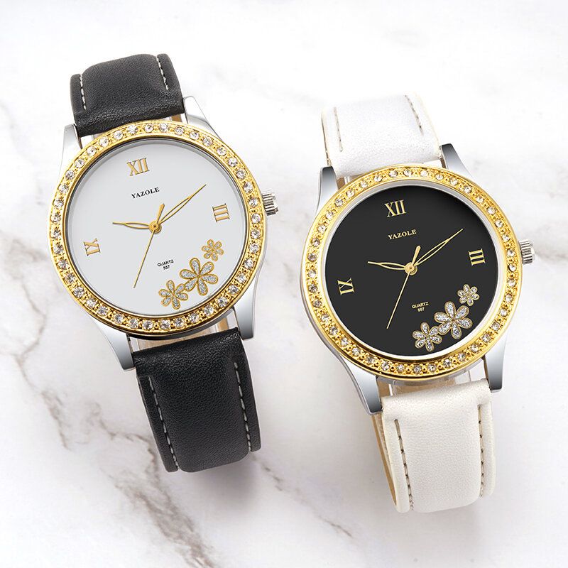 Mode Elegant Blomma Rhinestone Dekoration Urtavla Äkta Läder Armband 3atm Vattentät Kvinnlig Armbandsur Quartz Watch