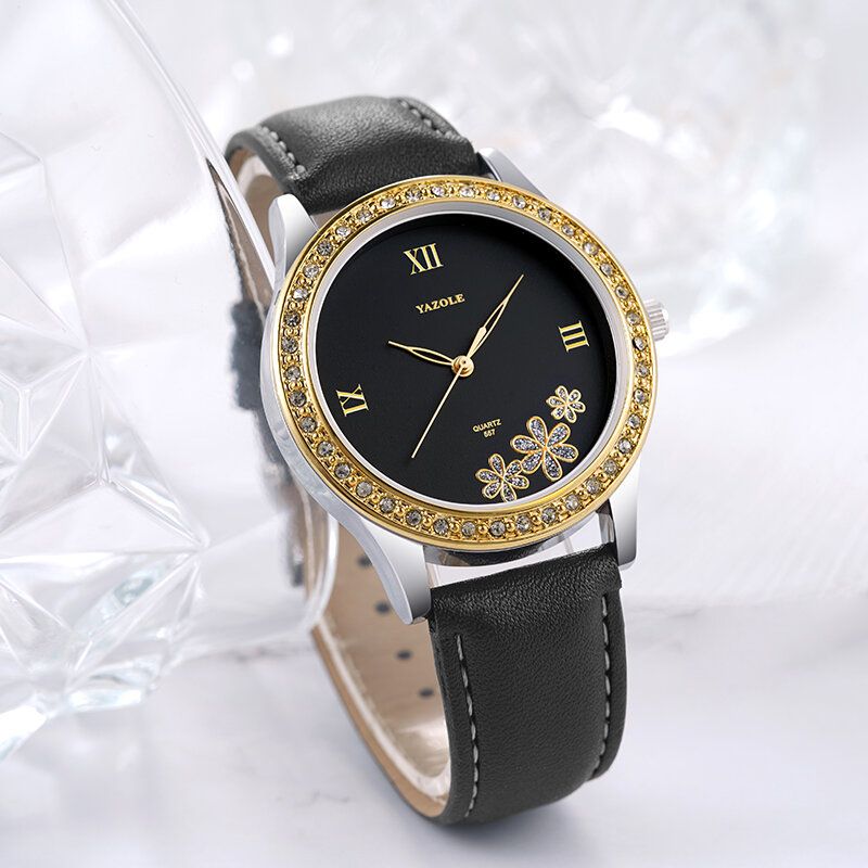 Mode Elegant Blomma Rhinestone Dekoration Urtavla Äkta Läder Armband 3atm Vattentät Kvinnlig Armbandsur Quartz Watch