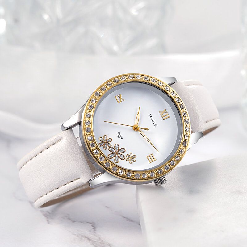 Mode Elegant Blomma Rhinestone Dekoration Urtavla Äkta Läder Armband 3atm Vattentät Kvinnlig Armbandsur Quartz Watch