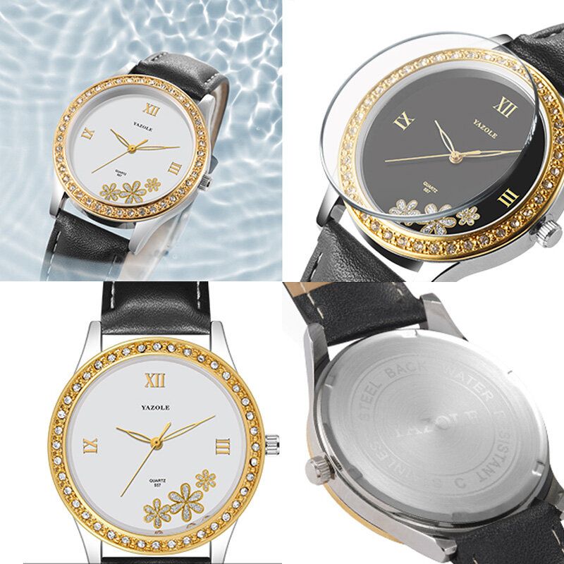 Mode Elegant Blomma Rhinestone Dekoration Urtavla Äkta Läder Armband 3atm Vattentät Kvinnlig Armbandsur Quartz Watch