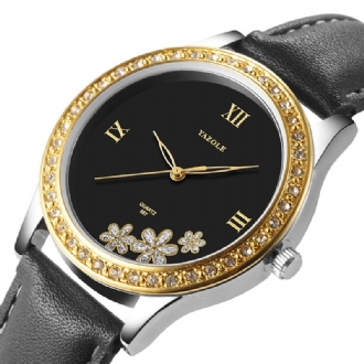 Mode Elegant Blomma Rhinestone Dekoration Urtavla Äkta Läder Armband 3atm Vattentät Kvinnlig Armbandsur Quartz Watch