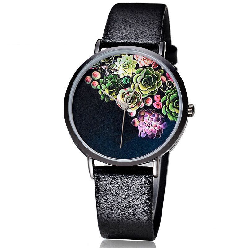 Mode Kvinnor Ultratunn Klockfodral Blommönster Urtavla Läderrem Quartz Watch