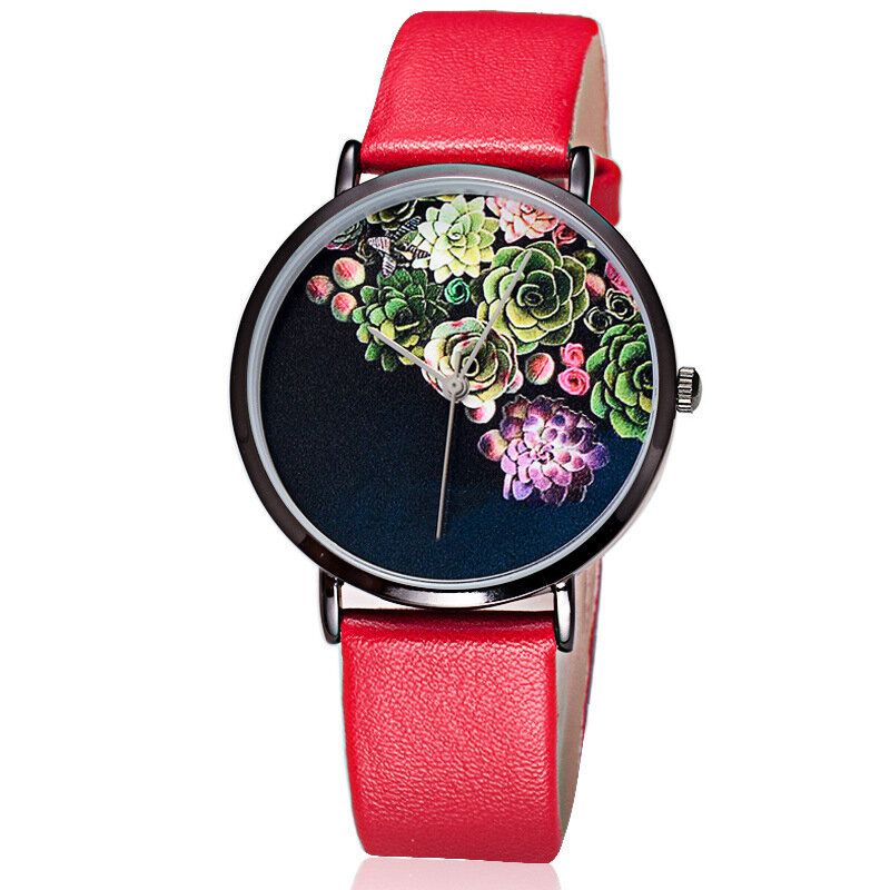 Mode Kvinnor Ultratunn Klockfodral Blommönster Urtavla Läderrem Quartz Watch