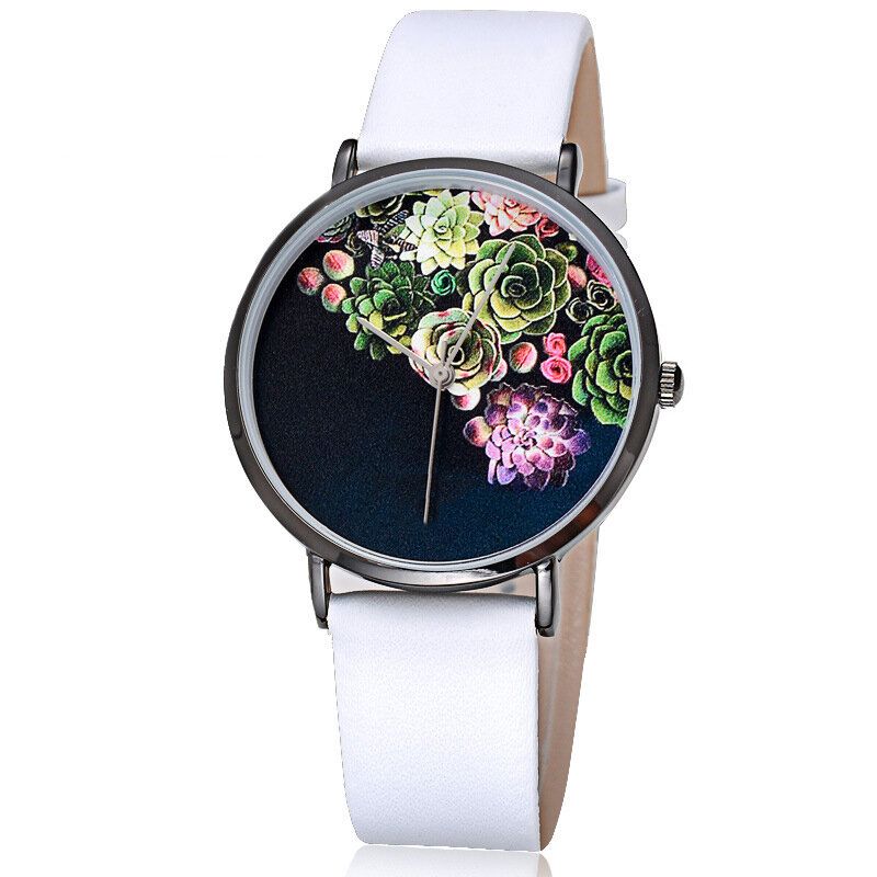 Mode Kvinnor Ultratunn Klockfodral Blommönster Urtavla Läderrem Quartz Watch