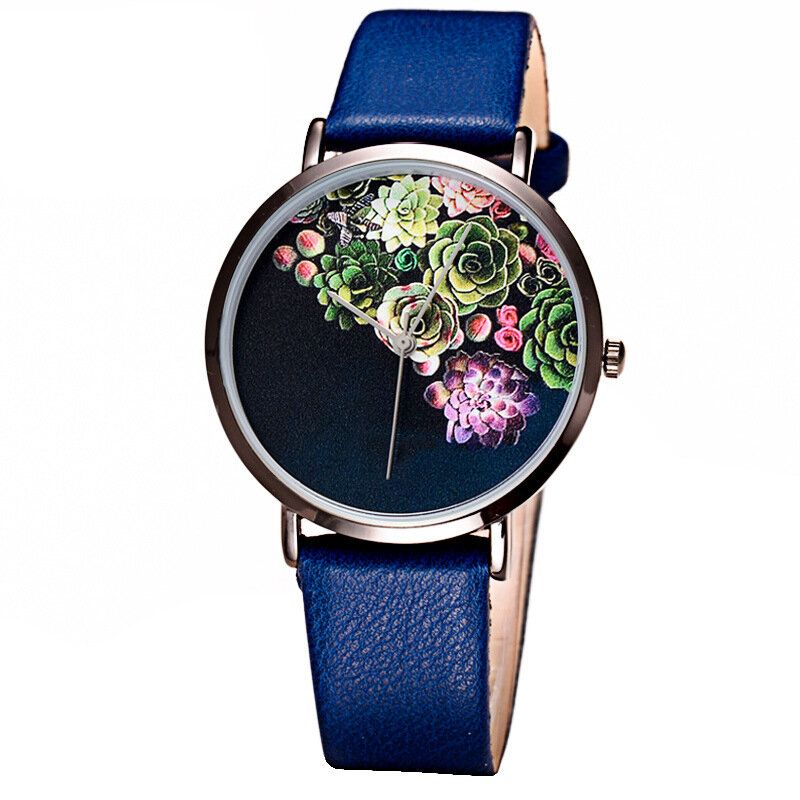 Mode Kvinnor Ultratunn Klockfodral Blommönster Urtavla Läderrem Quartz Watch