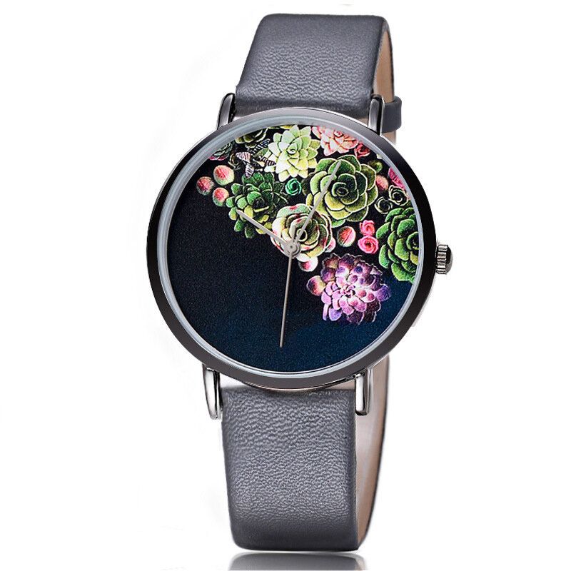 Mode Kvinnor Ultratunn Klockfodral Blommönster Urtavla Läderrem Quartz Watch