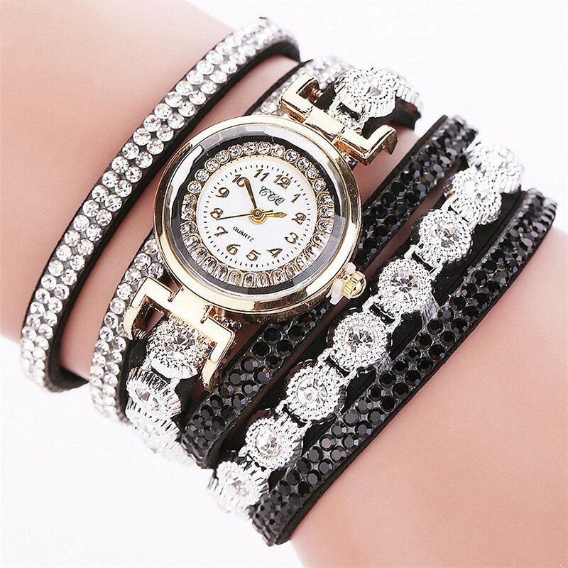 Mode Lyx Rhinestone Pu Läder Band Kvinnor Quartz Armband Watch