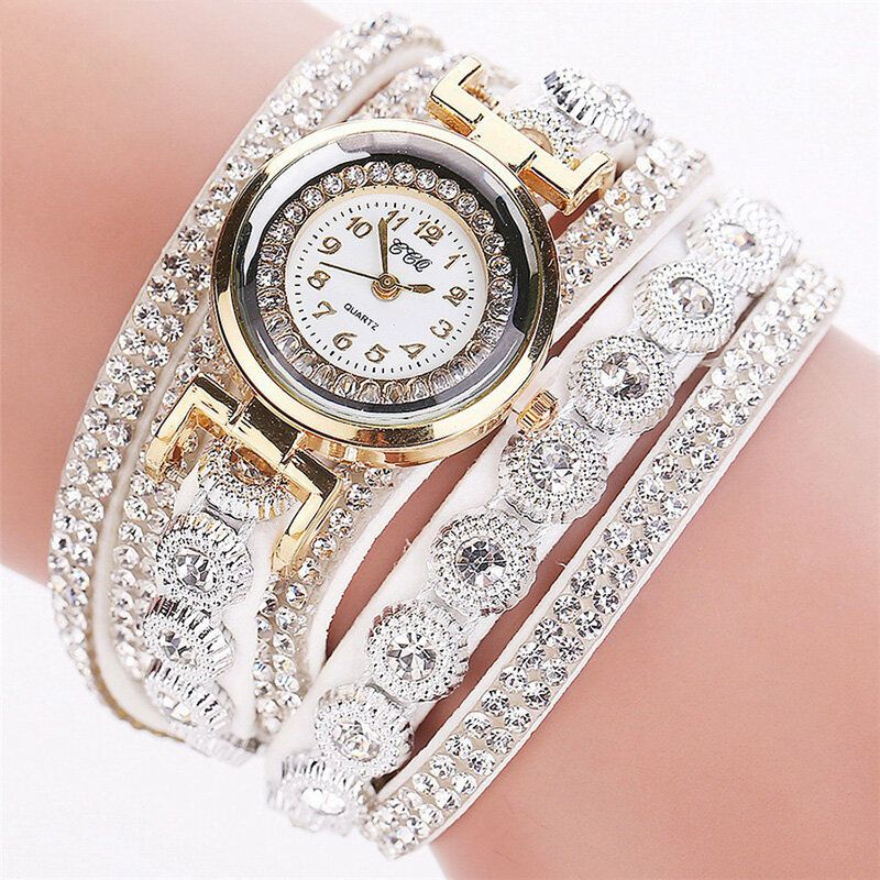 Mode Lyx Rhinestone Pu Läder Band Kvinnor Quartz Armband Watch