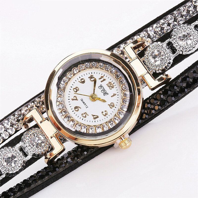 Mode Lyx Rhinestone Pu Läder Band Kvinnor Quartz Armband Watch