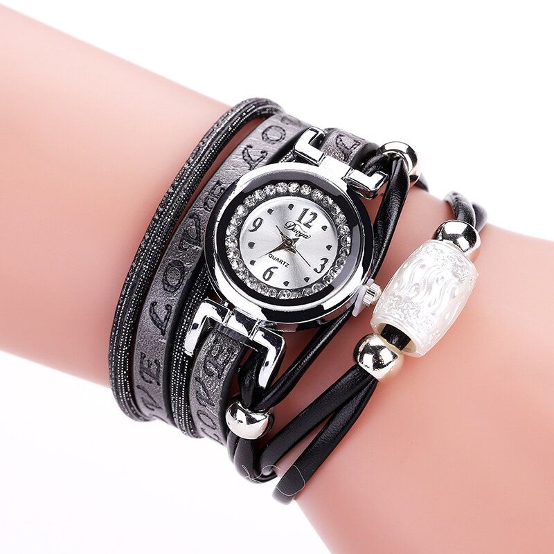 Mode Lyx Rhinestone Pu Läder Dam Quartz Watch Armband Watch