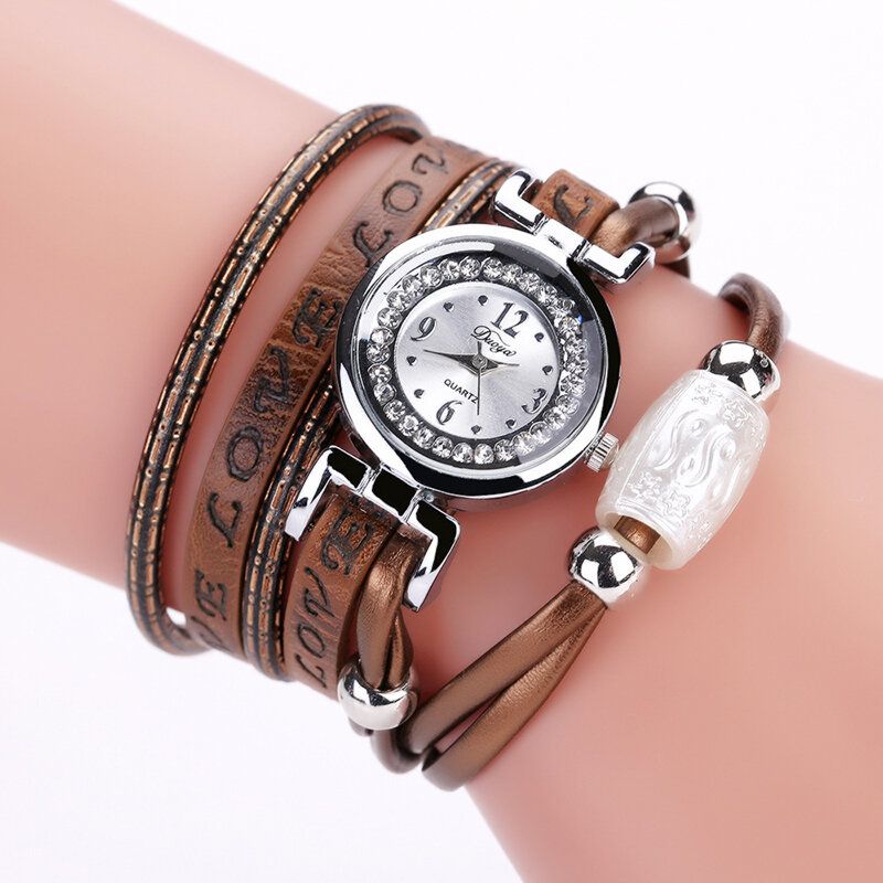 Mode Lyx Rhinestone Pu Läder Dam Quartz Watch Armband Watch