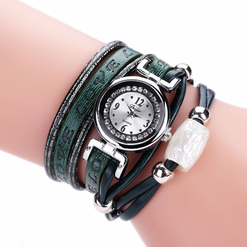 Mode Lyx Rhinestone Pu Läder Dam Quartz Watch Armband Watch