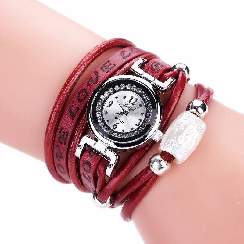 Mode Lyx Rhinestone Pu Läder Dam Quartz Watch Armband Watch