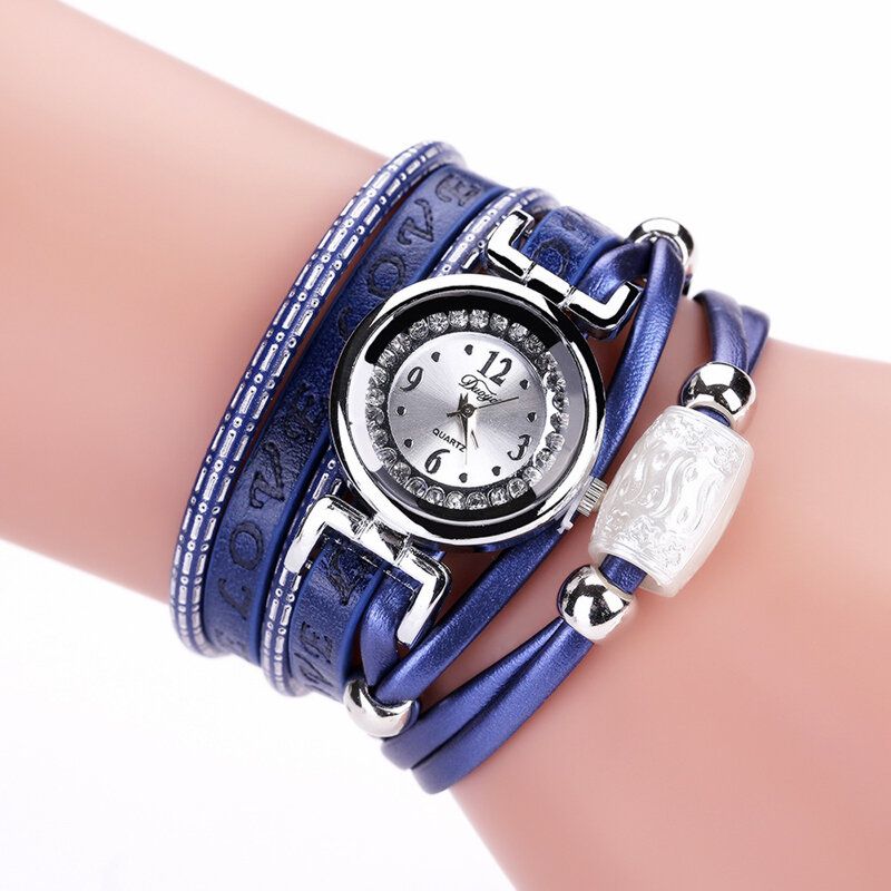 Mode Lyx Rhinestone Pu Läder Dam Quartz Watch Armband Watch