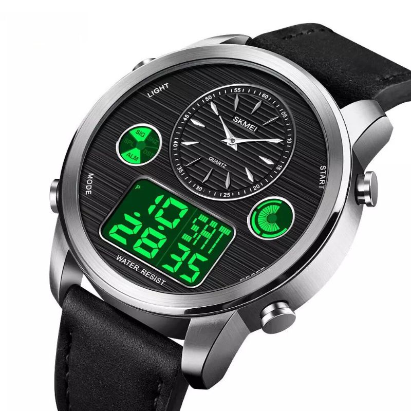 Mode Män Digital Klocka Datum Vecka Lysande Display Stoppur Nedräkning Läderrem Dual Display Watch