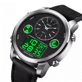 Mode Män Digital Klocka Datum Vecka Lysande Display Stoppur Nedräkning Läderrem Dual Display Watch