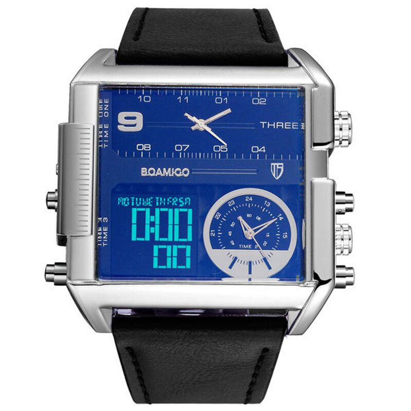 Mode Män Digital Watch Creative Dial Week Month Display Chronograph 3 Time Zone Läderrem Dual Display Watch