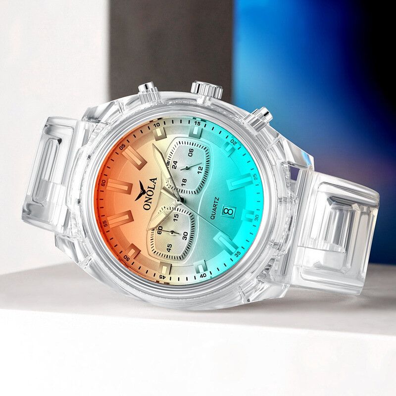 Mode Män Klocka Transparent Fodral Datum Display Chronograph Creative Trend Quartz Watch