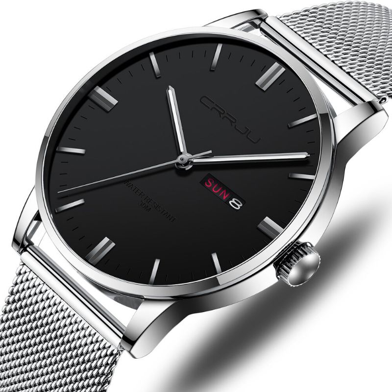 Mode Mesh Stål Datum Vecka Lysande Display Casual Enkel Urtavla Män Quartz Watch