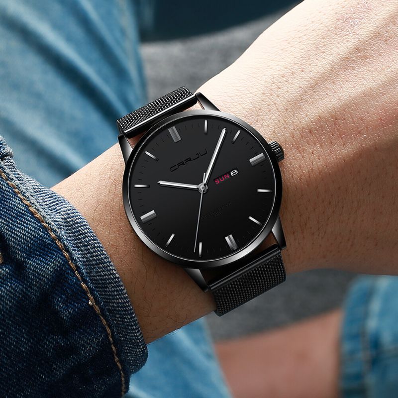 Mode Mesh Stål Datum Vecka Lysande Display Casual Enkel Urtavla Män Quartz Watch