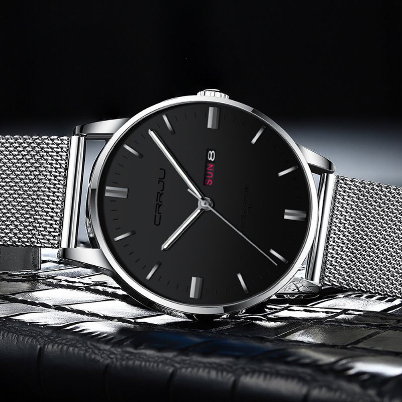 Mode Mesh Stål Datum Vecka Lysande Display Casual Enkel Urtavla Män Quartz Watch