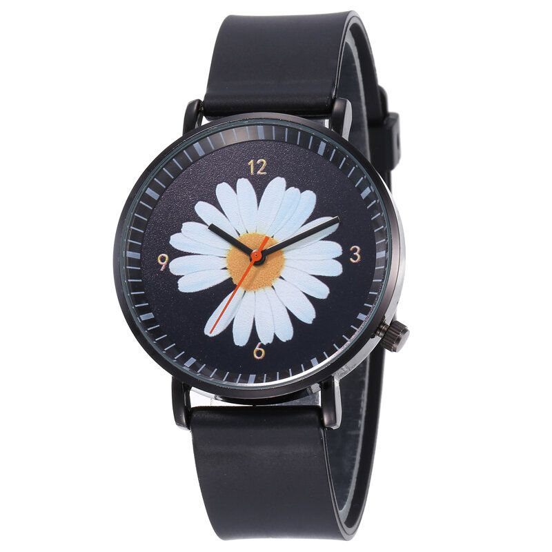 Mode Söta Damklockor Stor Trehandsurtavla Svart Tredimensionell Little Daisy Quartz Watch