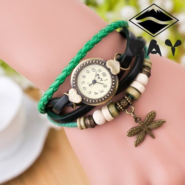 Mode Vintage Multi-layer Dragonfly Hänge Pärlarmband Quartz Watch Armbandsur