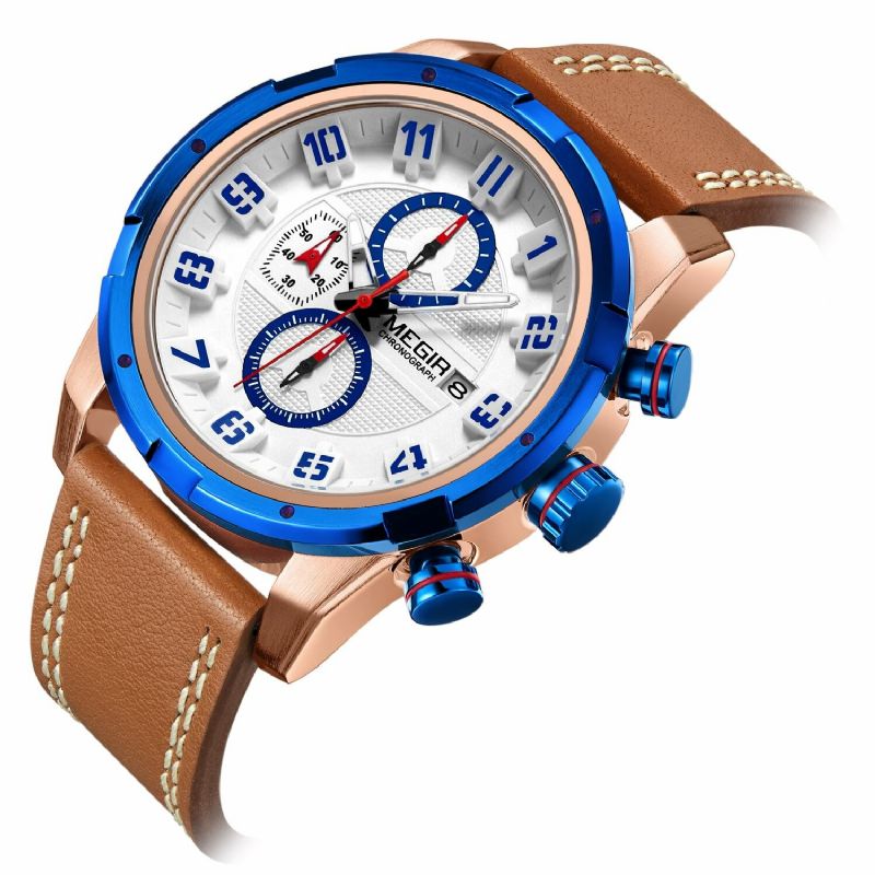 Multifunktions 3d-urtavla Sport Herrarmbandsur Äkta Läderband Quartz Watch