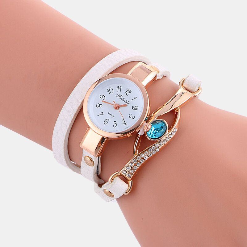 Retro Pu-rem Rhinestone Flerlager Damklocka Metallblå Kristall Justerbar Armbandsur Quartz Watch