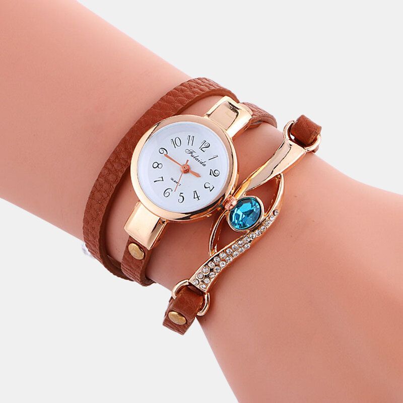 Retro Pu-rem Rhinestone Flerlager Damklocka Metallblå Kristall Justerbar Armbandsur Quartz Watch