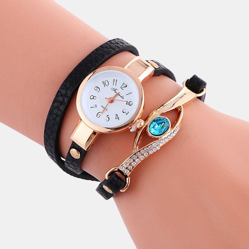 Retro Pu-rem Rhinestone Flerlager Damklocka Metallblå Kristall Justerbar Armbandsur Quartz Watch